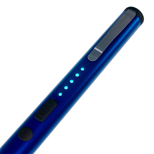 Close-up of blue pen stun gun showing LED battery indicator lights and safety switch