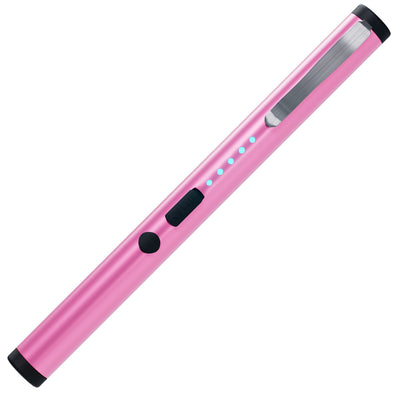 Rechargeable pink pen stun gun with bright blue LED power lights and metal clip for easy carry