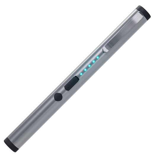 Rechargeable silver pen stun gun with bright blue LED power lights and metal clip for easy carry