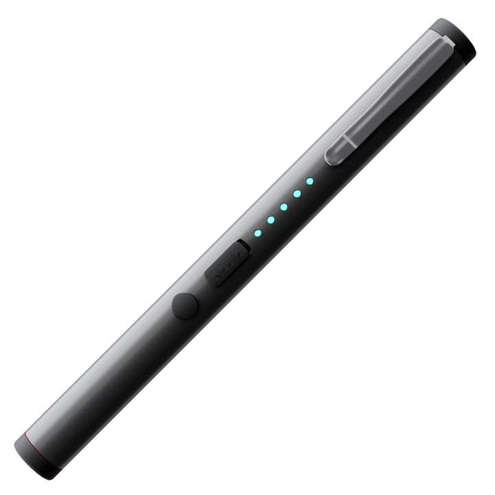 Rechargeable pen stun gun with bright blue LED power lights and metal clip for easy carry
