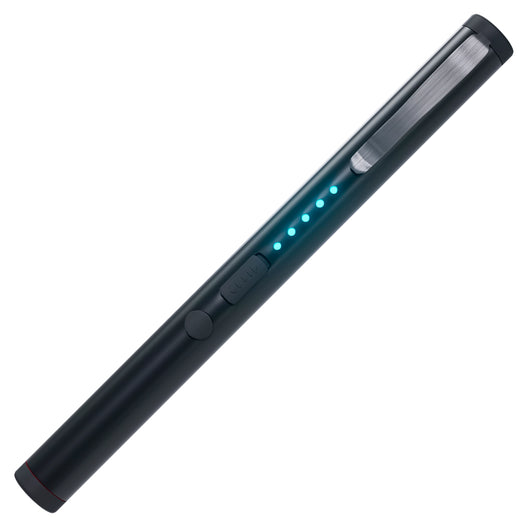 Rechargeable pen stun gun with bright blue LED power lights and metal clip for easy carry