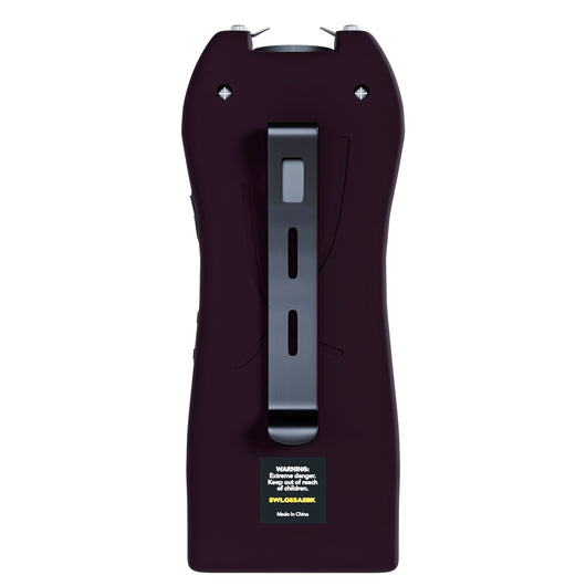 Streetwise black Lifeguard Auto Stun Gun back view showing belt clip attachment