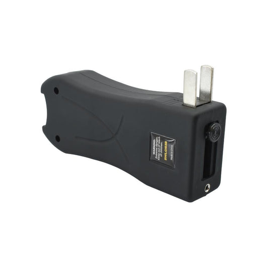 Streetwise black stun gun with built-in charging prongs and LED flashlight