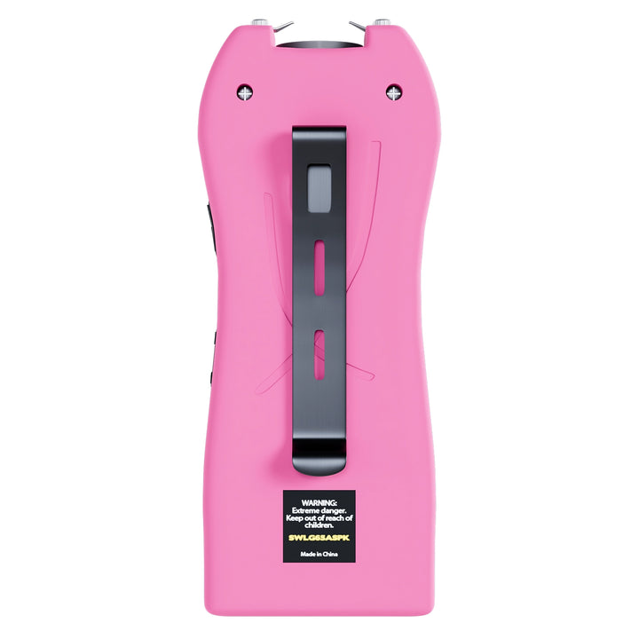Streetwise pink Lifeguard Auto Stun Gun back view showing belt clip attachment