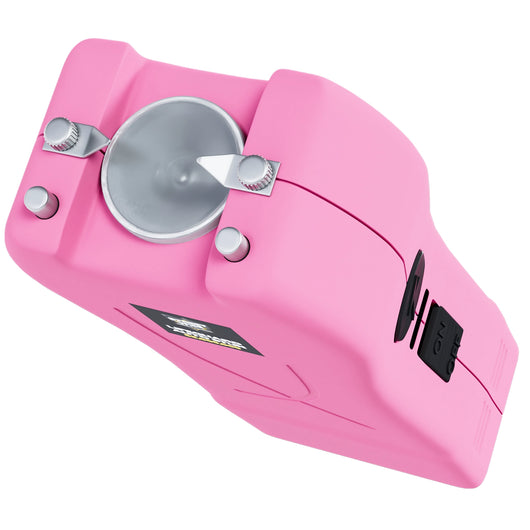 Streetwise pink Lifeguard Auto Stun Gun front view showing contact probes and LED light