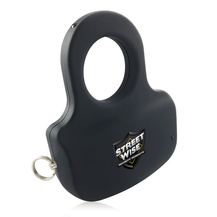 Streetwise black stun gun with ring grip design and key ring attachment for easy carry