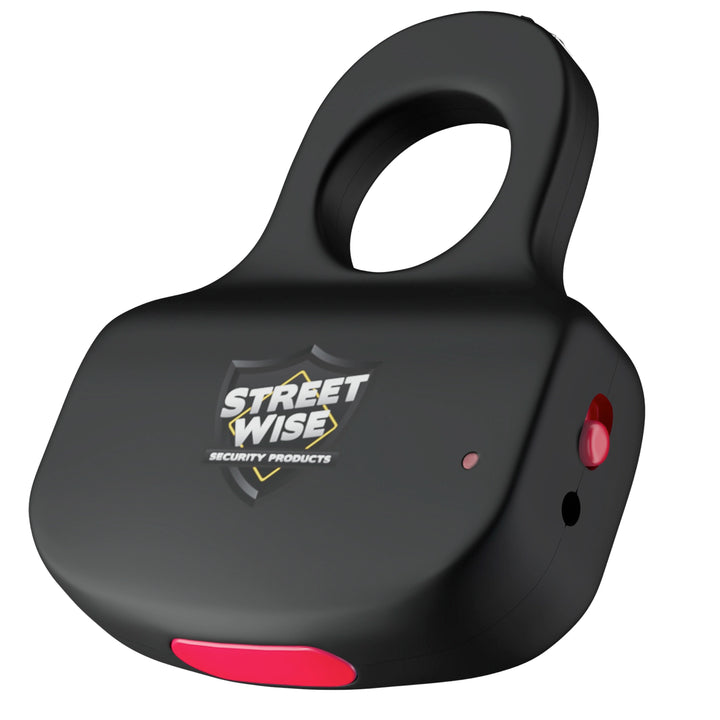 Black Sting Ring stun gun with safety switch and Streetwise Security Products logo, angled view