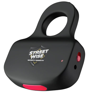 Black Sting Ring stun gun with safety switch and Streetwise Security Products logo, angled view