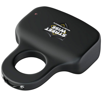 Black Sting Ring stun gun with Streetwise Security Products logo, compact self-defense design with finger grip