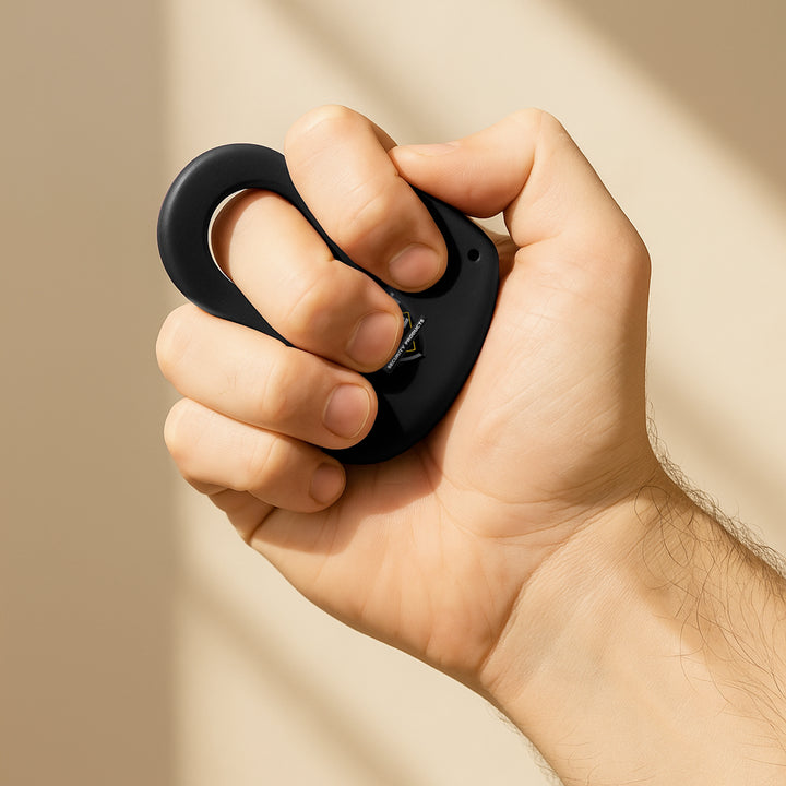 Person holding black Sting Ring stun gun in hand for self-defense grip demonstration