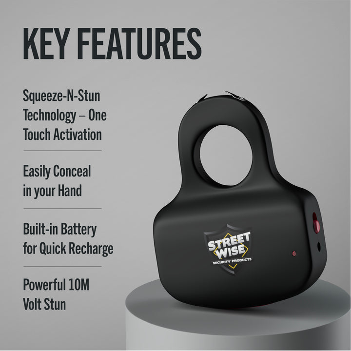 Black Streetwise Sting Ring stun gun on display with key features text including squeeze-to-stun technology, 10 million volts, and built-in rechargeable battery