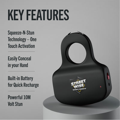 Black Streetwise Sting Ring stun gun on display with key features text including squeeze-to-stun technology, 10 million volts, and built-in rechargeable battery
