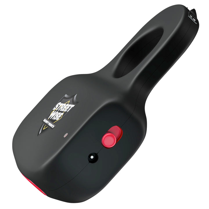 Side view of black Sting Ring stun gun showing red safety switch and charging port