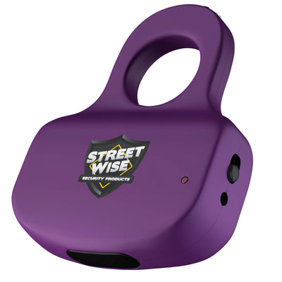 Streetwise Sting Ring stun gun in purple, compact design with safety switch and built-in rechargeable battery