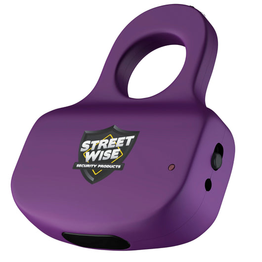 Streetwise Sting Ring stun gun in purple, compact design with safety switch and built-in rechargeable battery