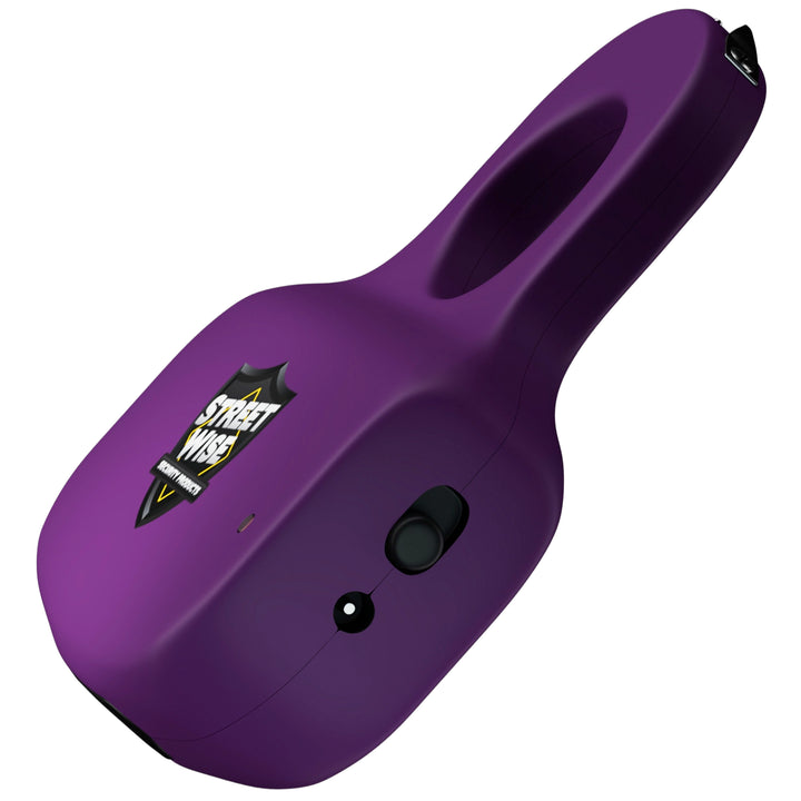 Purple Sting Ring stun gun with ergonomic finger hole grip, safety button, and discreet self-defense design