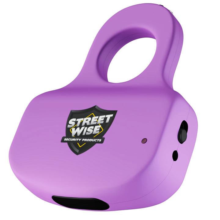 Streetwise Sting Ring stun gun in light purple, lightweight rechargeable model with safety switch and probes