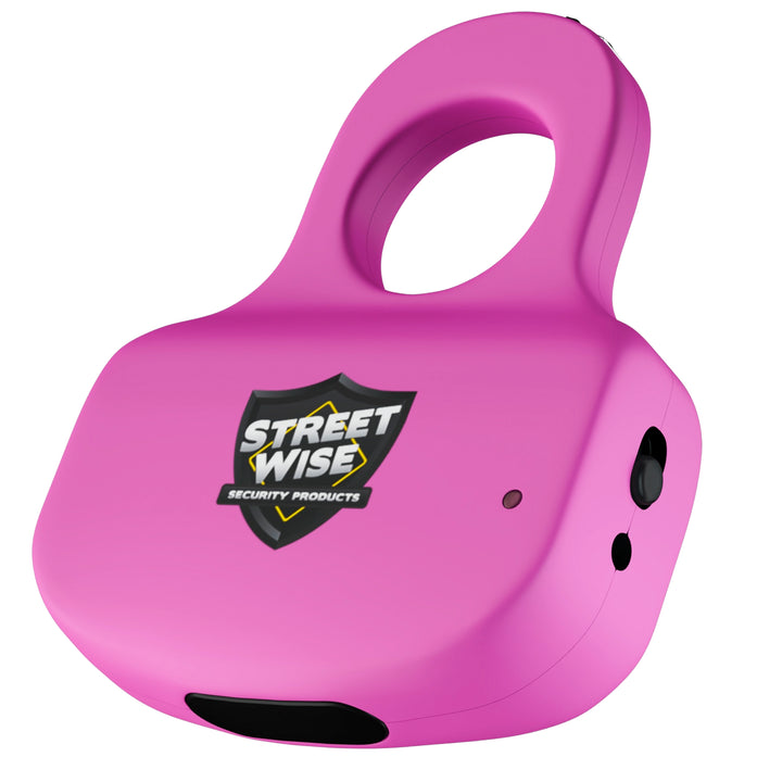 Angled view of pink Sting Ring stun gun with safety switch, Streetwise logo, and charging port