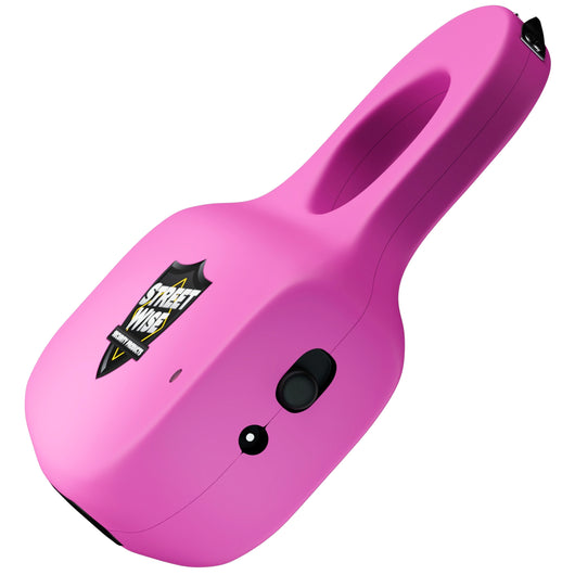 Pink Streetwise Sting Ring stun gun with safety switch, rechargeable design, and compact finger grip for discreet self-defense