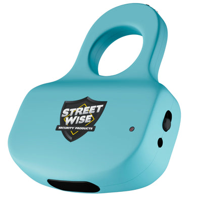 Streetwise Sting Ring stun gun in teal, rechargeable self-defense tool with squeeze-to-activate feature