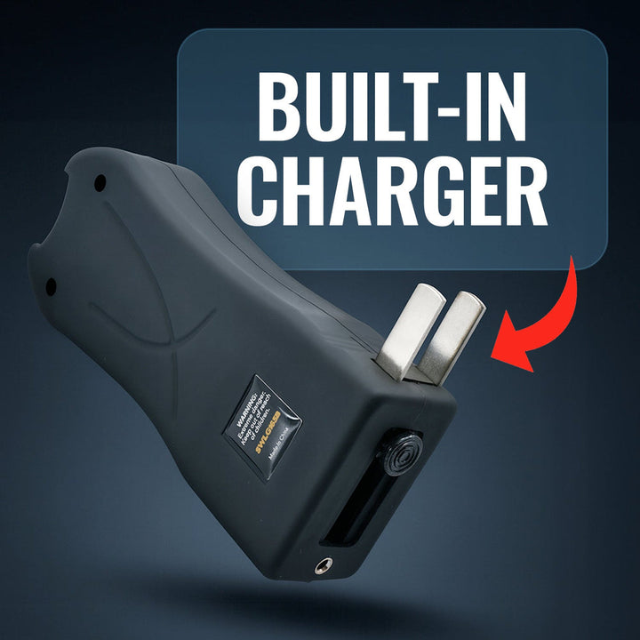 Streetwise stun gun with built-in wall plug charger for easy recharging