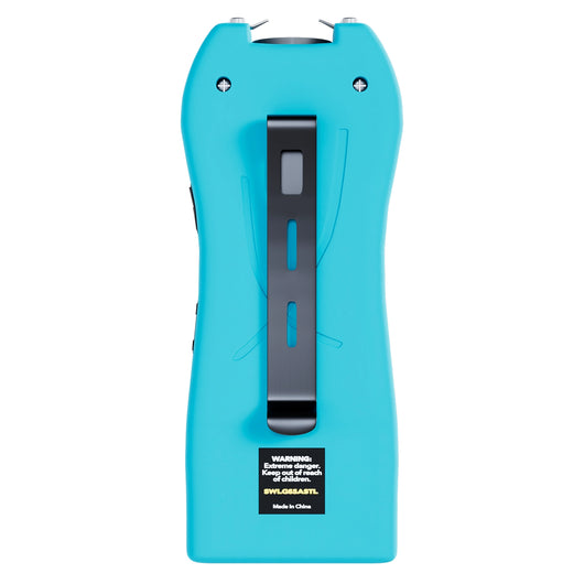 Streetwise teal Lifeguard Auto Stun Gun back view showing belt clip attachment