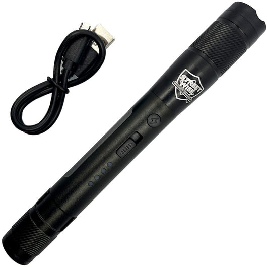front view of street light flash light stun gun contents and charging corg