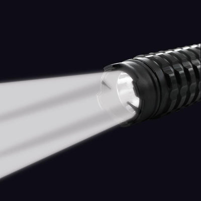 Close-up of stun baton flashlight beam for tactical self-defense and illumination