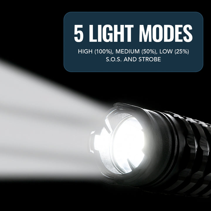 Stun baton flashlight beam showing five light modes including high, medium, low, SOS, and strobe