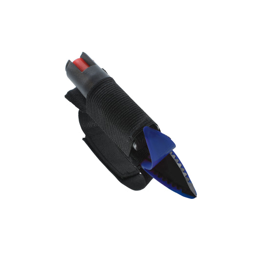 Streetwise pepper spray with black nylon holster and blue safety guard, compact self-defense spray.