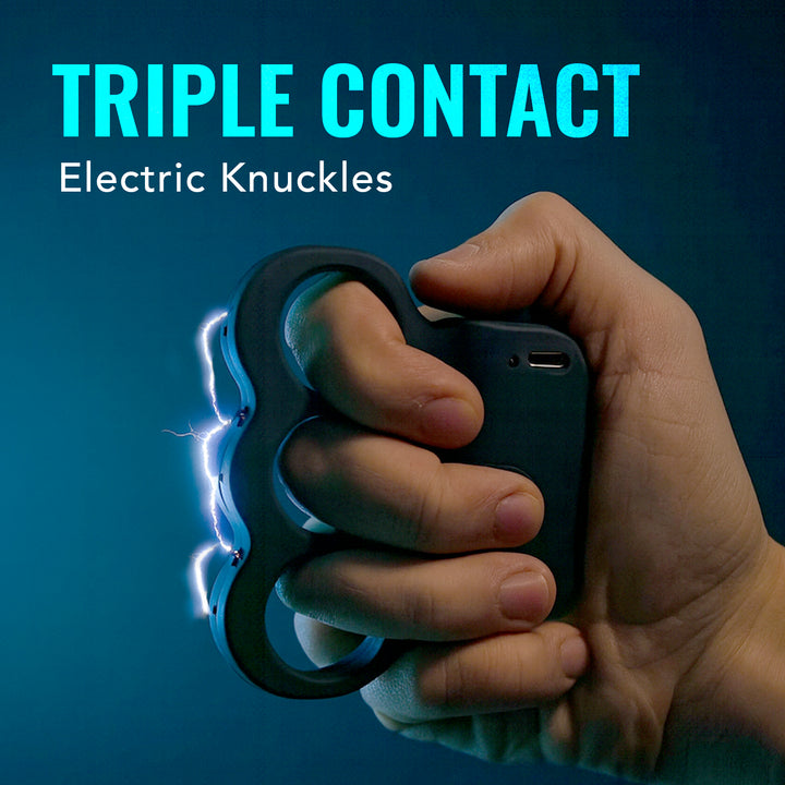 Streetwise triple contact knuckle stun gun activated with electric sparks for maximum stopping power