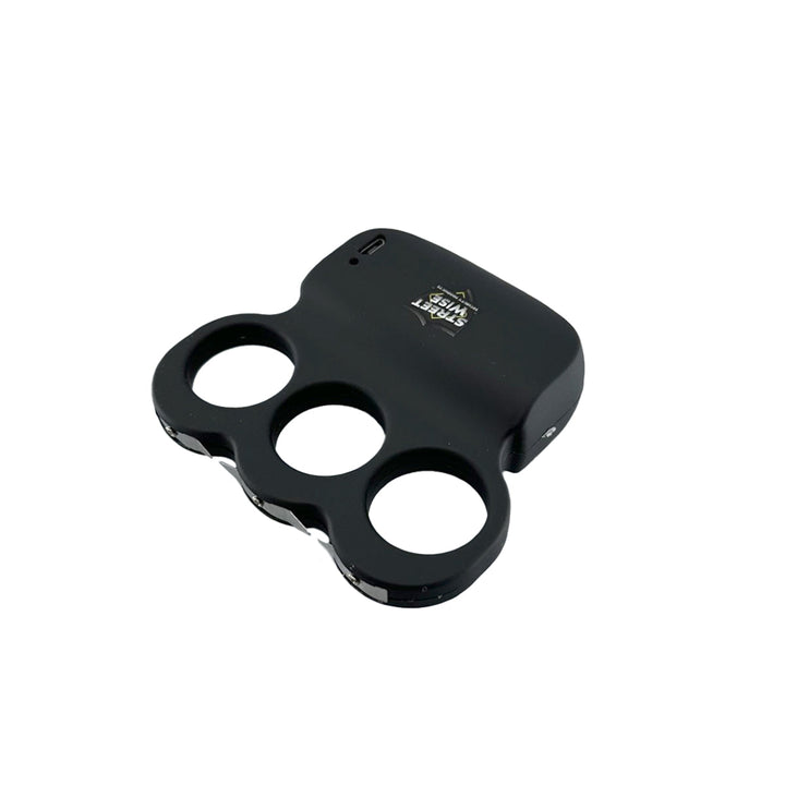 Streetwise Squeeze-N-Stun knuckle stun gun in black with triple ring grip and USB charging port