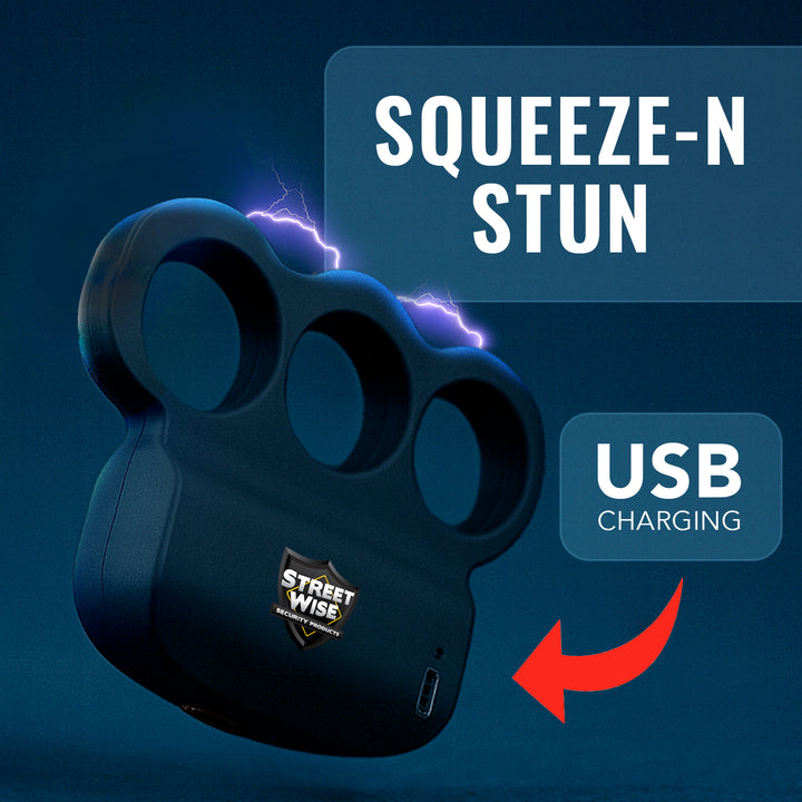 Streetwise Squeeze-N-Stun stun gun with USB charging feature highlighted and electric arc effect